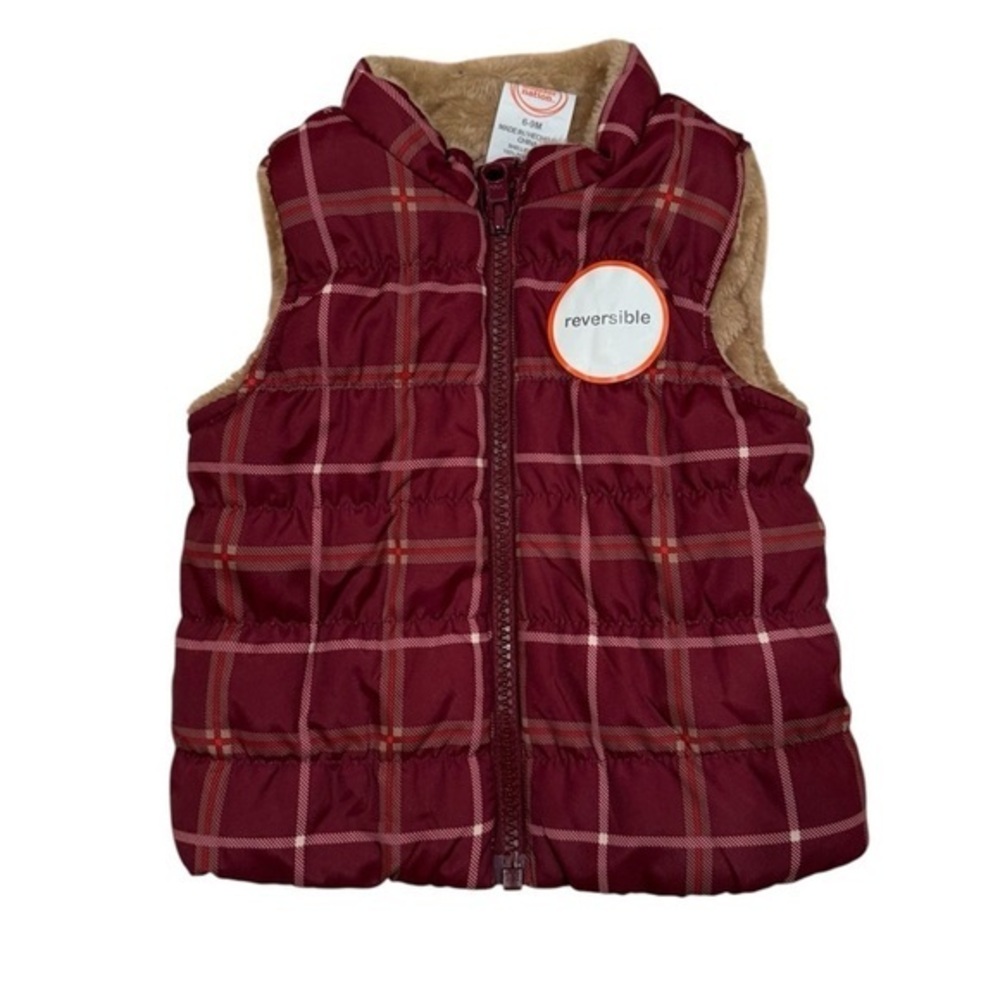 NWT Wonder Nation Reversible Maroon Tan Plaid Faux Fur Puffer Vest - Size 6-9M